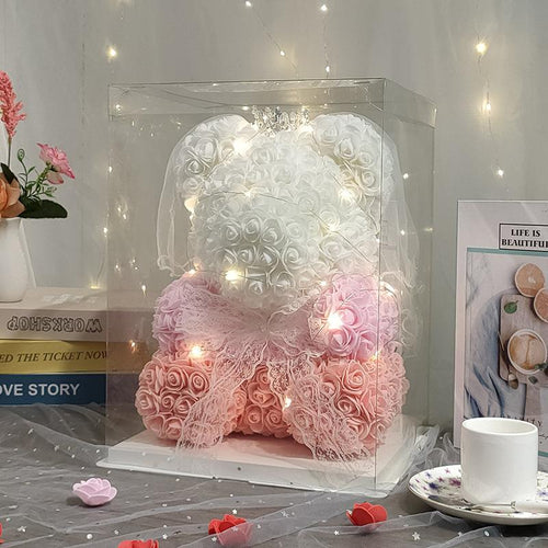 Pink LED rose teddy bear with crown and wedding dress gift for Valentine's Day
