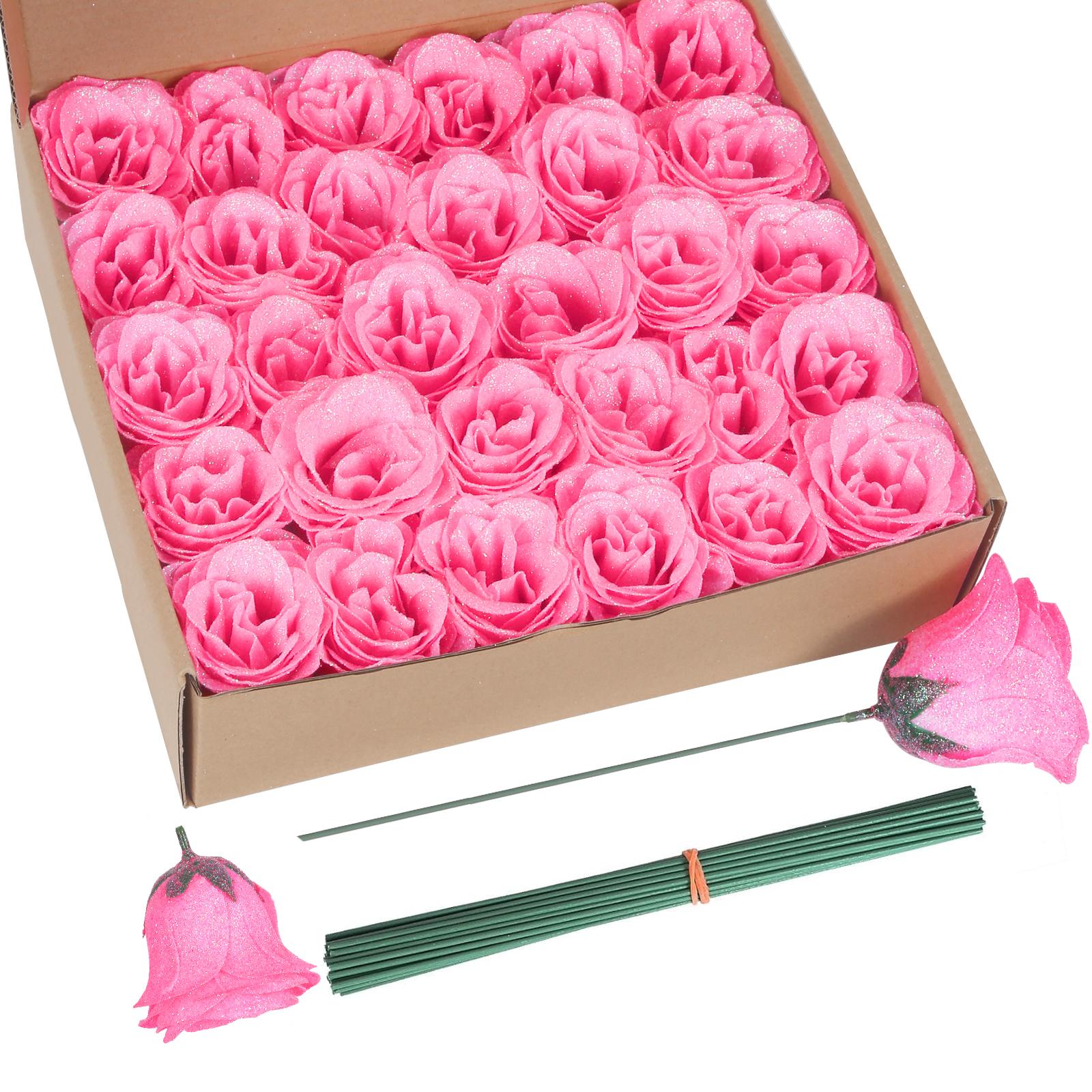 Pink glitter roses bouquet 30pcs with stems for wedding party Christmas home decor