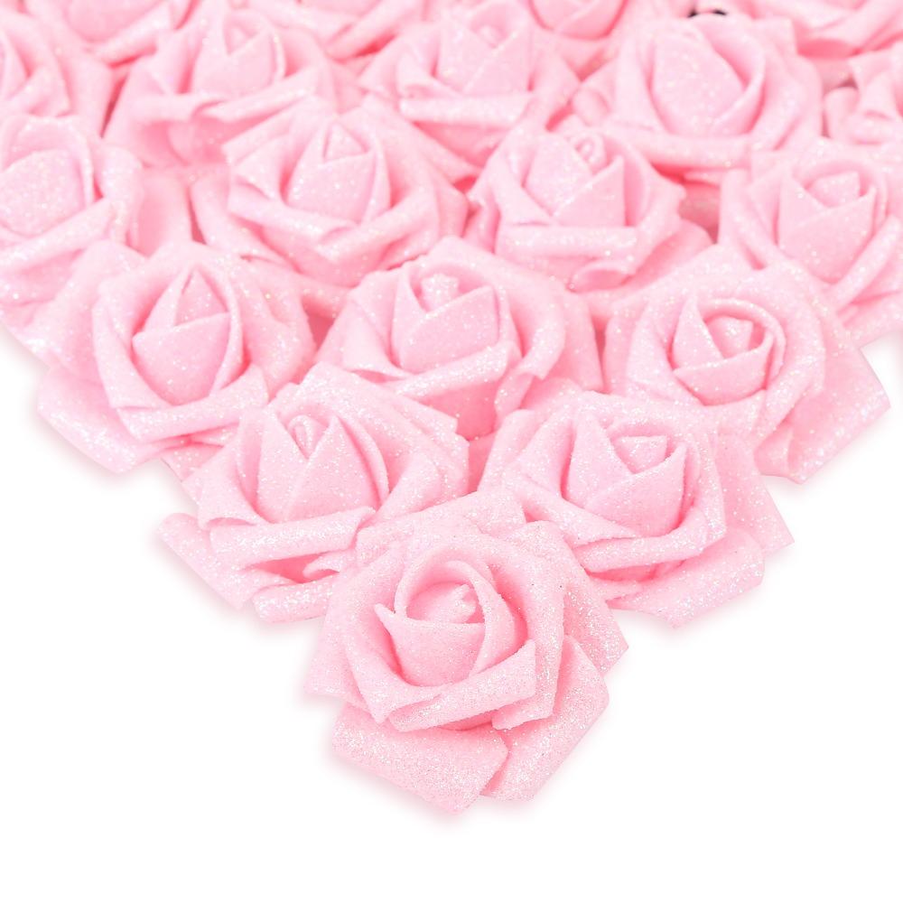 Pink glitter artificial roses 25pcs with stem for wedding bridal bouquet party decor