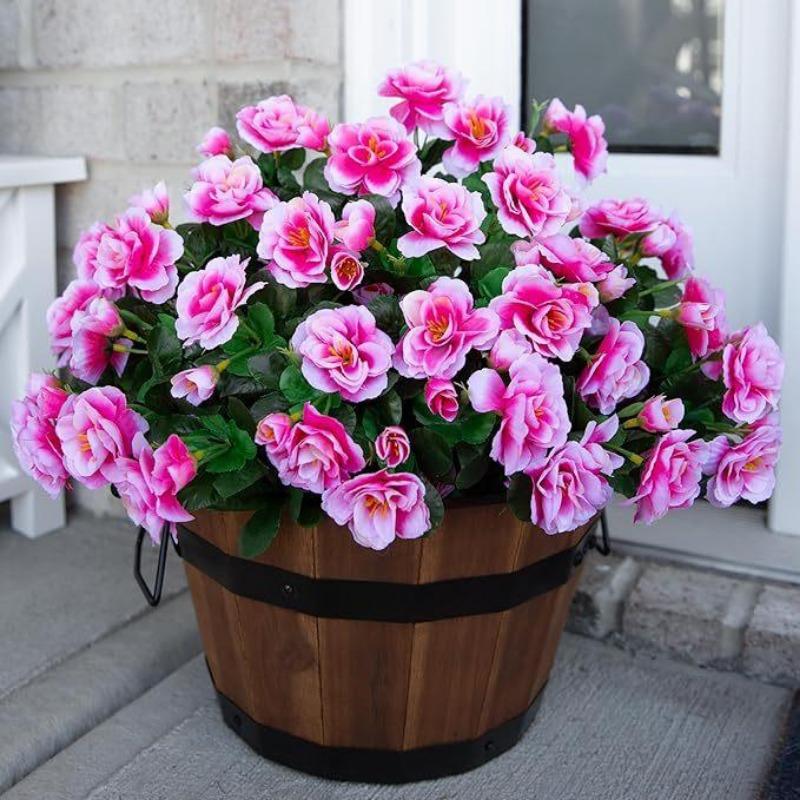 Pink  artificial camellia plants set of 6 weather resistant for porch patio and garden decor

