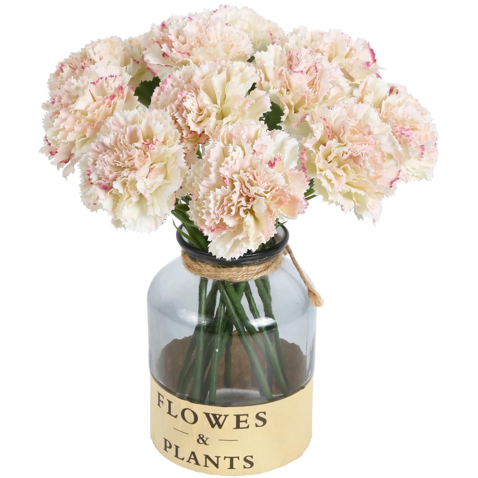 Pink white artificial carnation flowers 15pcs with stems for wedding bouquet home decor anniversary