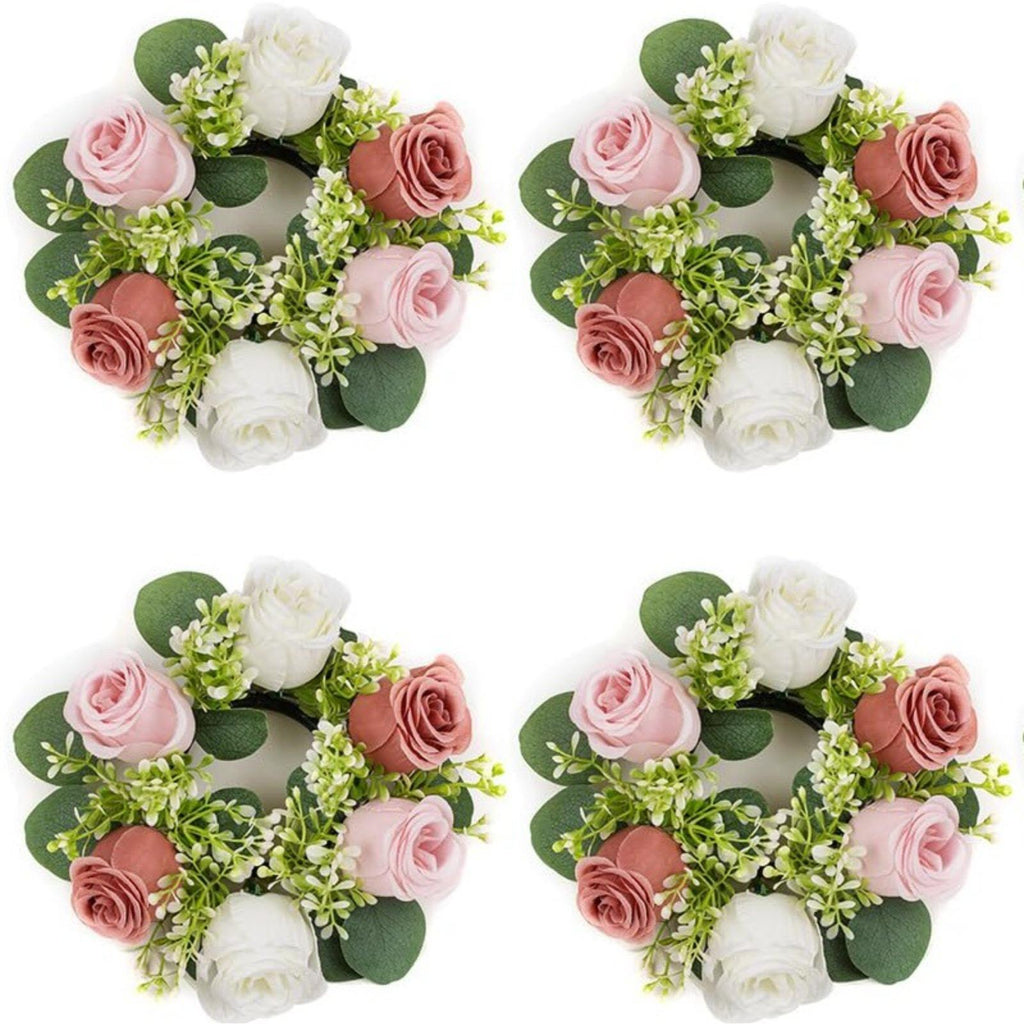 Pink white artificial flower candle ring 14 inch wedding table centerpiece wreath