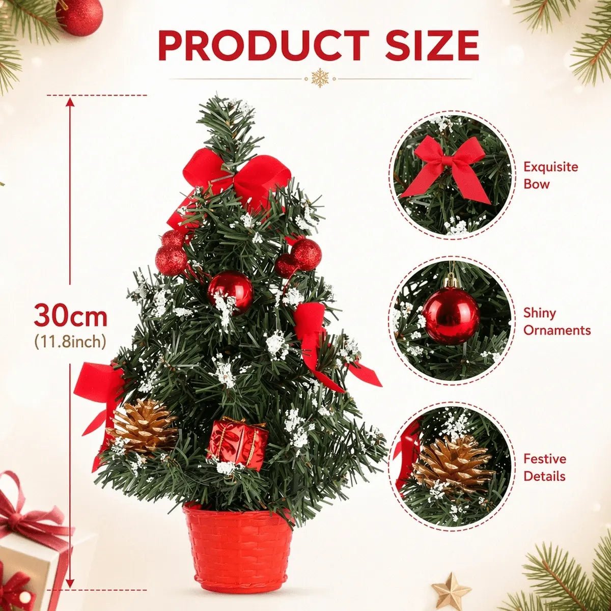 Red mini Christmas tree dimensions, 30 cm or 11.8 inches tall