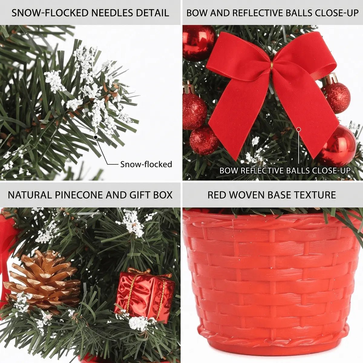 Close-up of red bows, ornaments, snow-flocked needles and pinecone