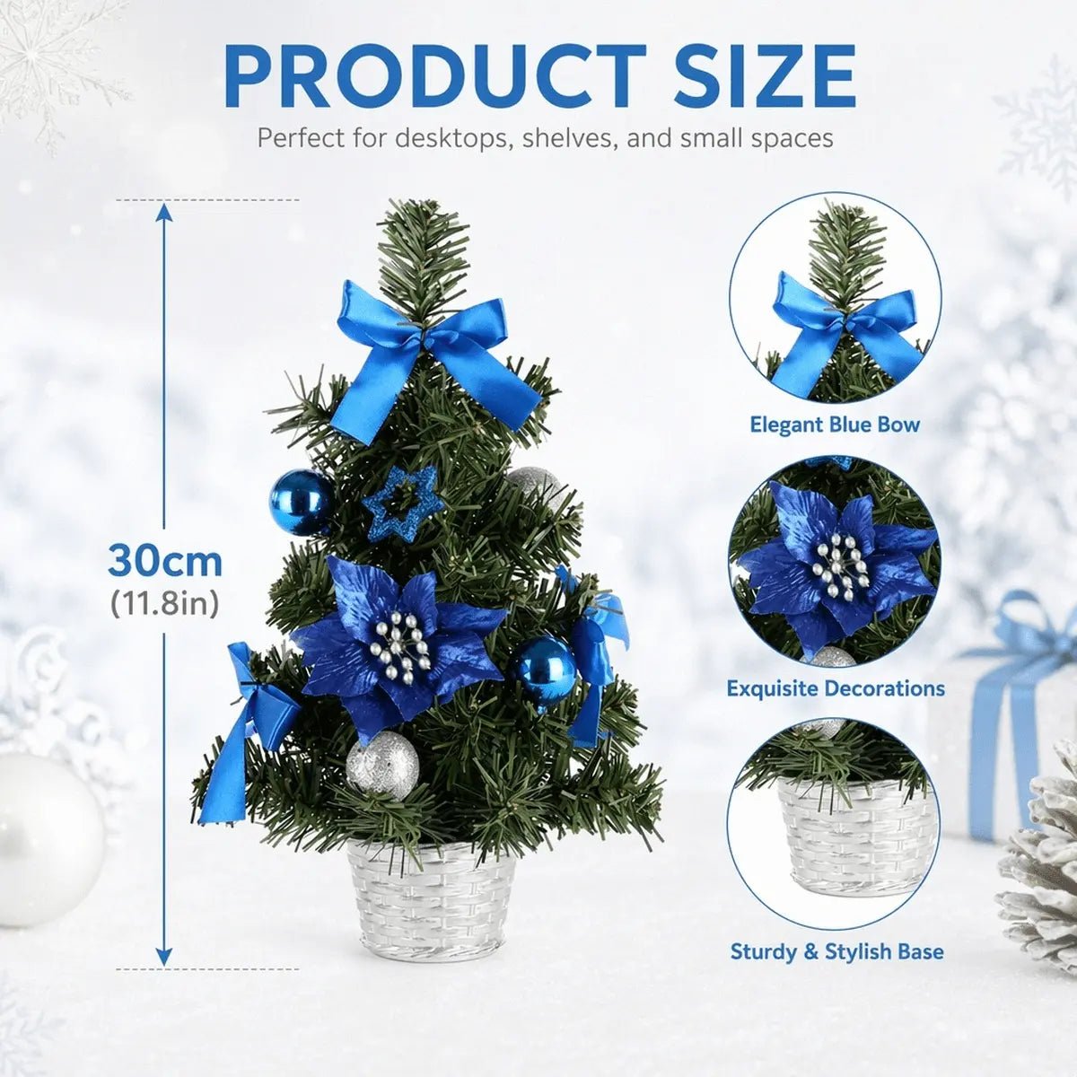 Blue mini Christmas tree dimensions, 30 cm or 11.8 inches tall