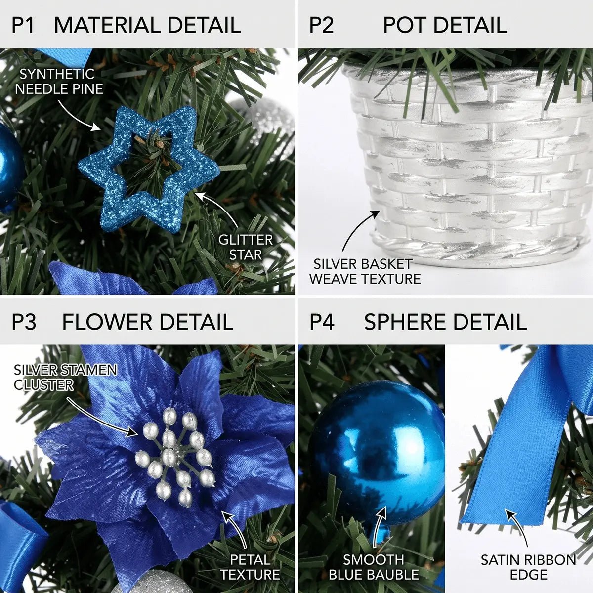 Close-up of blue poinsettia, ornaments, ribbon and silver basket