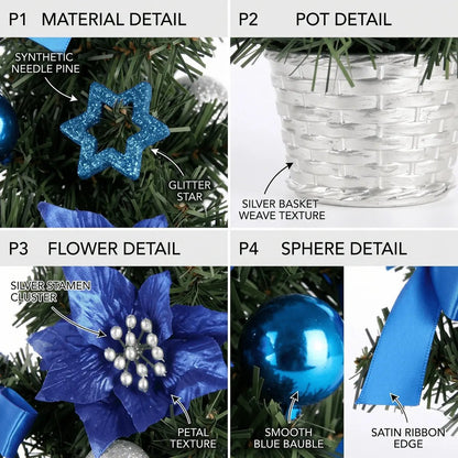Close-up of blue poinsettia, ornaments, ribbon and silver basket