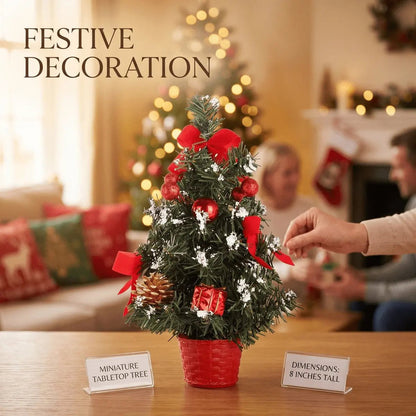 Red pre-decorated mini tabletop Christmas tree