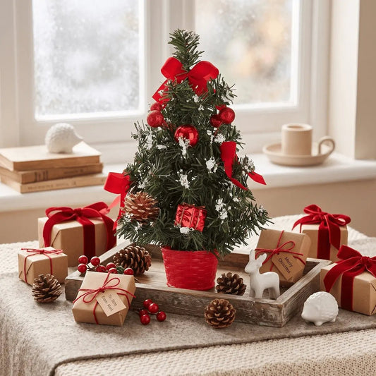 Red artificial mini tabletop Christmas tree with ornaments displayed beside wrapped Christmas gifts for home holiday decor
