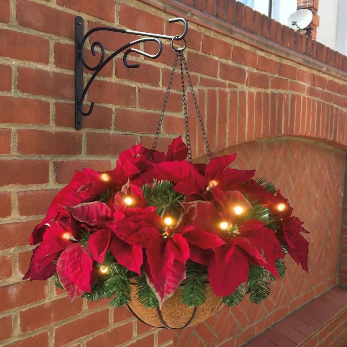 Pre-Lit Christmas Poinsettia Hanging Basket with LED Lights