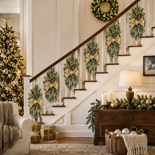 Pre-lit Christmas teardrop swag with LED lights, gold bow and silver ornaments on lush green pine, product flat lay on white background