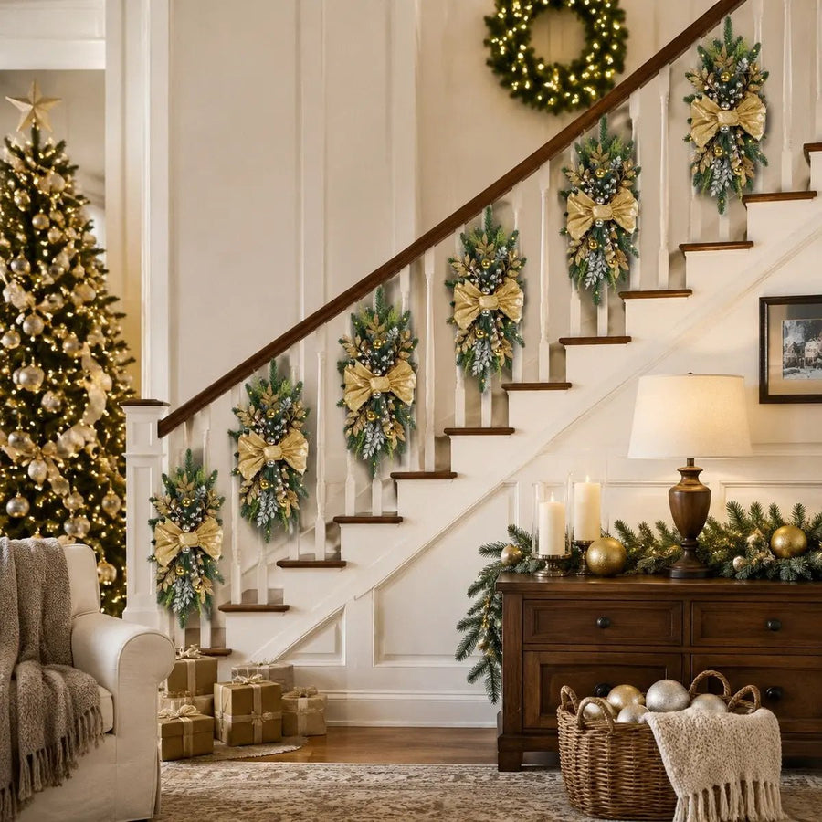 Pre-Lit Christmas Teardrop Swag with LED & Gold Bow – 24in