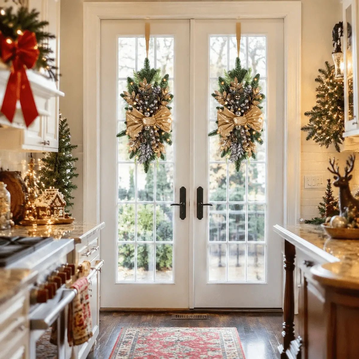Gold bow Christmas teardrop swags beside a holiday fireplace