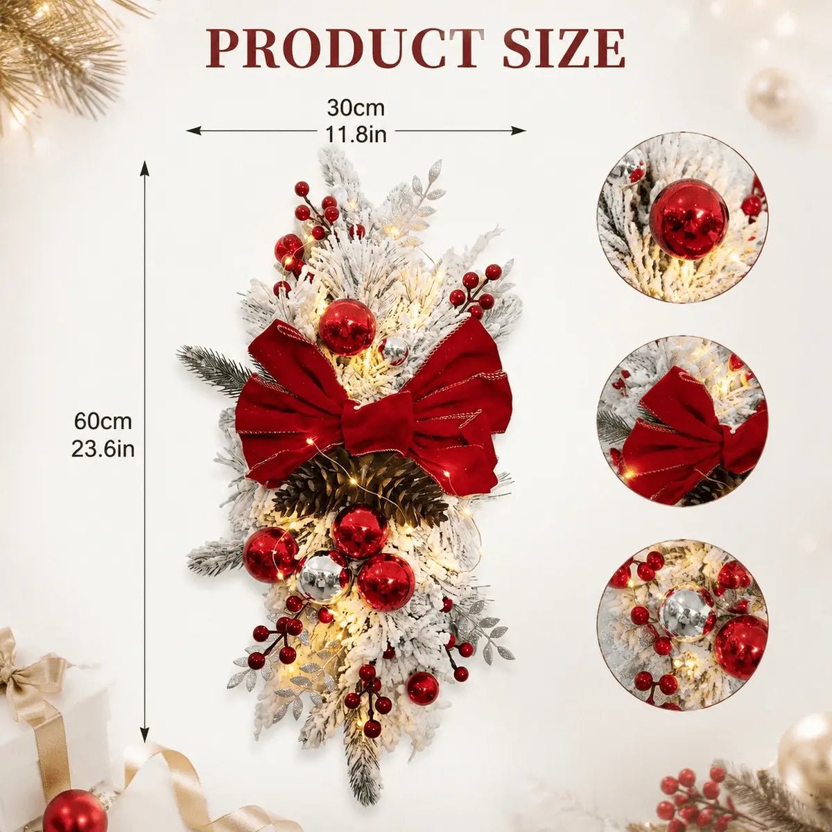 Red bow flocked Christmas teardrop swag dimensions, 30 by 60 centimeters