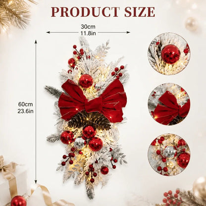 Red bow flocked Christmas teardrop swag dimensions, 30 by 60 centimeters