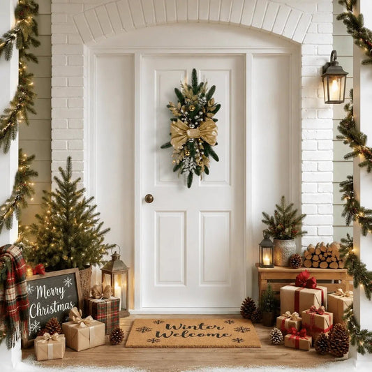 Pre-lit Christmas teardrop swags with LED lights and gold bow displayed symmetrically on double front doors for holiday entryway decor