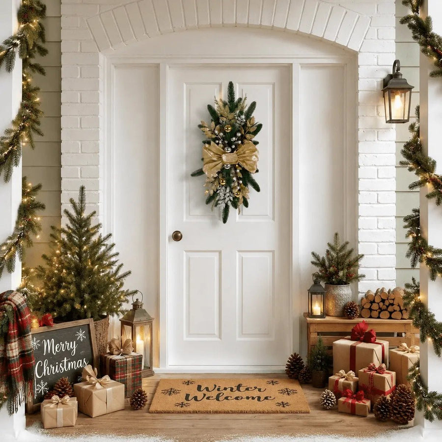 Pre-Lit Christmas Teardrop Swag with LED & Gold Bow – 24in