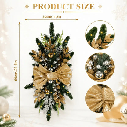 Red bow flocked Christmas teardrop swags beside a holiday fireplace