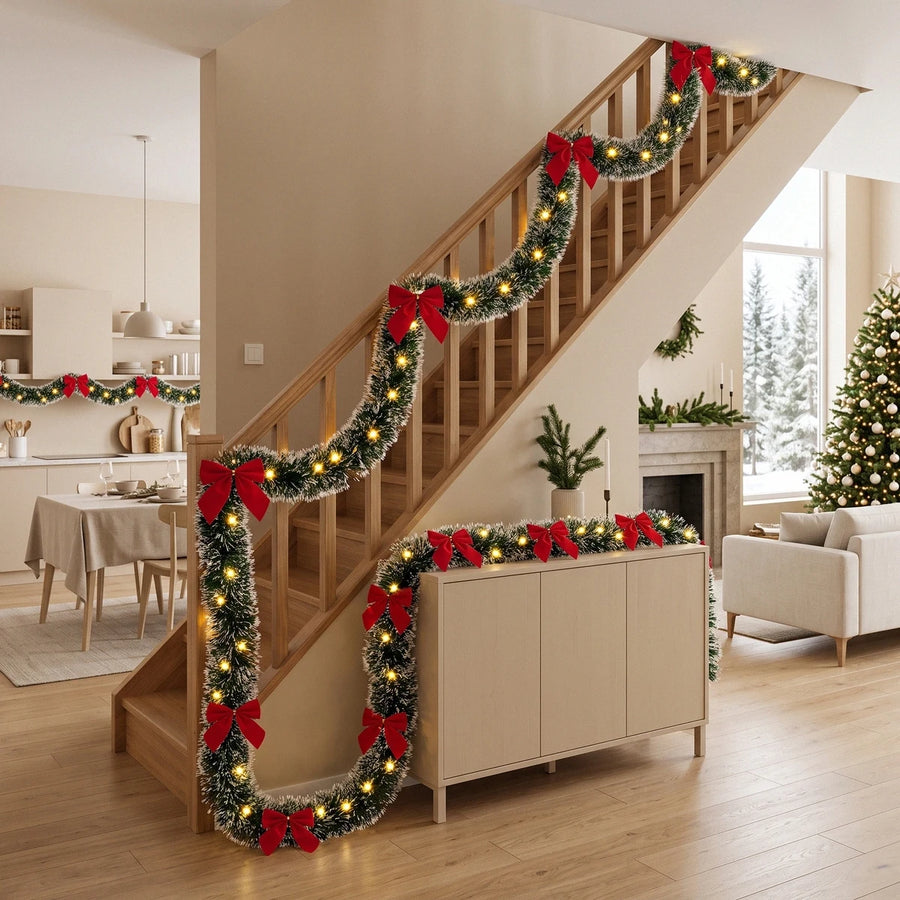 Pre-Lit Christmas Tinsel Garland with Red Bows – Set of 2