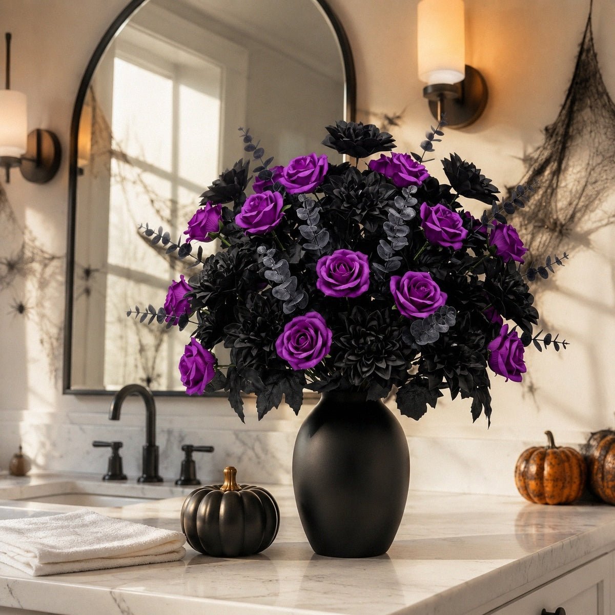 Close-up of purple black rose Halloween window box arrangement with dark foliage – IPOPU
