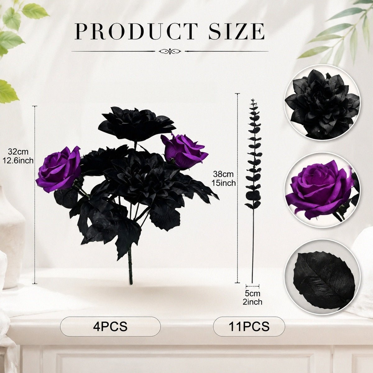 Purple black rose Halloween floral arrangement product size chart dimensions reference – IPOPU
