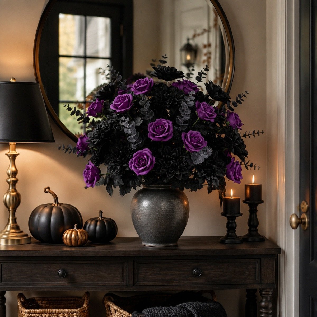 Purple rose Halloween floral arrangement displayed on indoor console table fall decor – IPOPU
