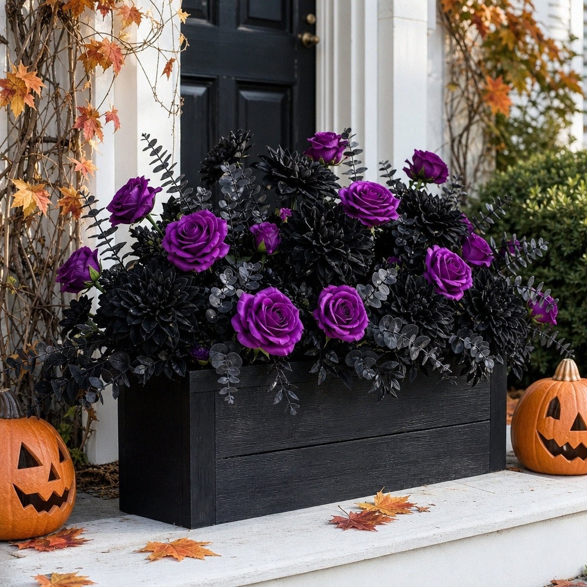 Purple and black rose Halloween window box arrangement on front porch with pumpkins – IPOPU
