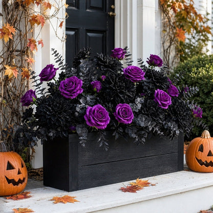 Purple and black rose Halloween window box arrangement on front porch with pumpkins – IPOPU
