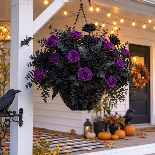 Gothic purple and black rose Halloween arrangement on entryway table home decor – IPOPU
