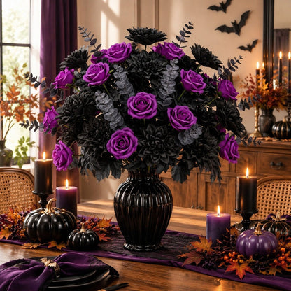 Artificial purple black rose Halloween floral arrangement in black vase table decor – IPOPU
