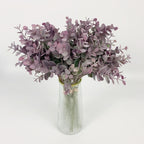 Purple artificial eucalyptus stems 4pcs in glass vase with faux water for home centerpiece decor