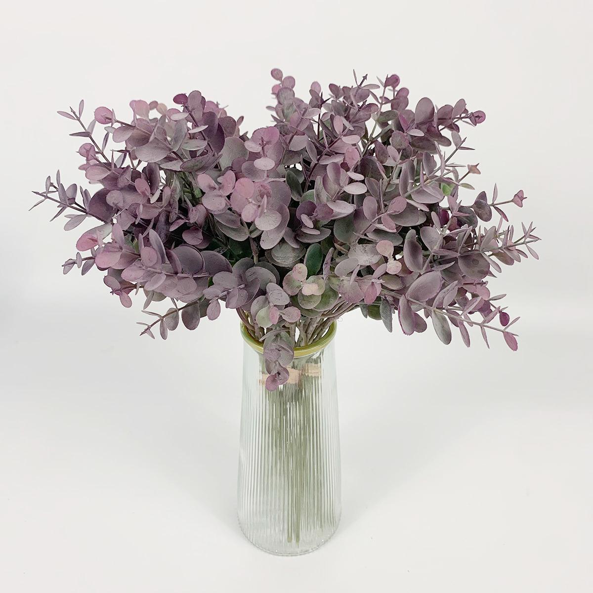 Purple artificial eucalyptus stems 4pcs in glass vase with faux water for home centerpiece decor
