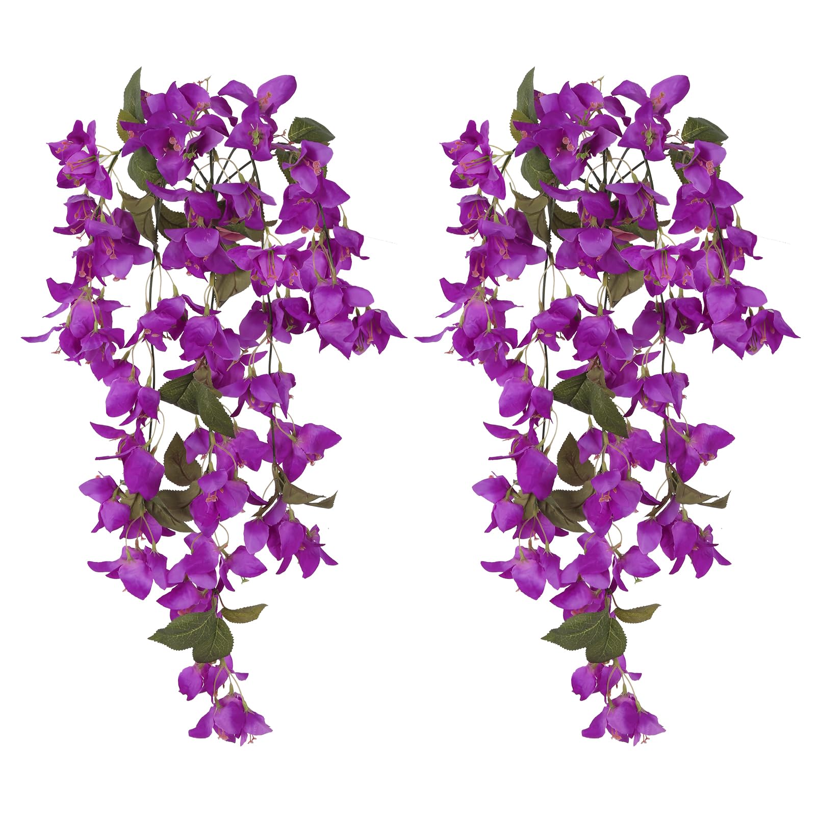 Artificial Bougainvillea Hanging Flowers 2pcs | UV Resistant Silk Vine for Garden Yard Porch Patio Wedding & Home Outdoor Decor in Pink Purple White Blue Orange