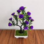 Purple artificial pine bonsai with decorative pot for home decor
