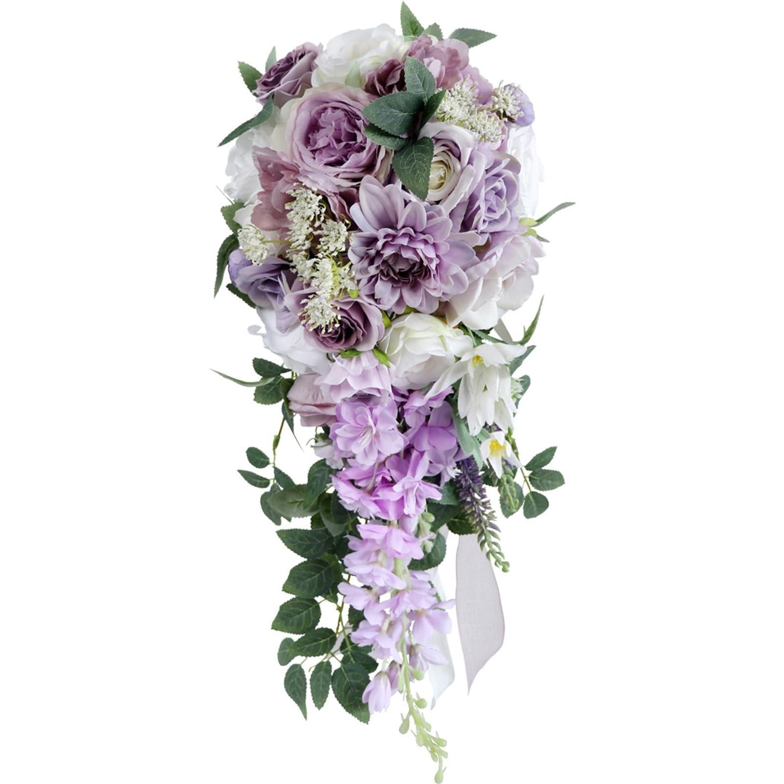 Purple ivory cascading rose bridal bouquet for wedding ceremony anniversary bridal shower decor