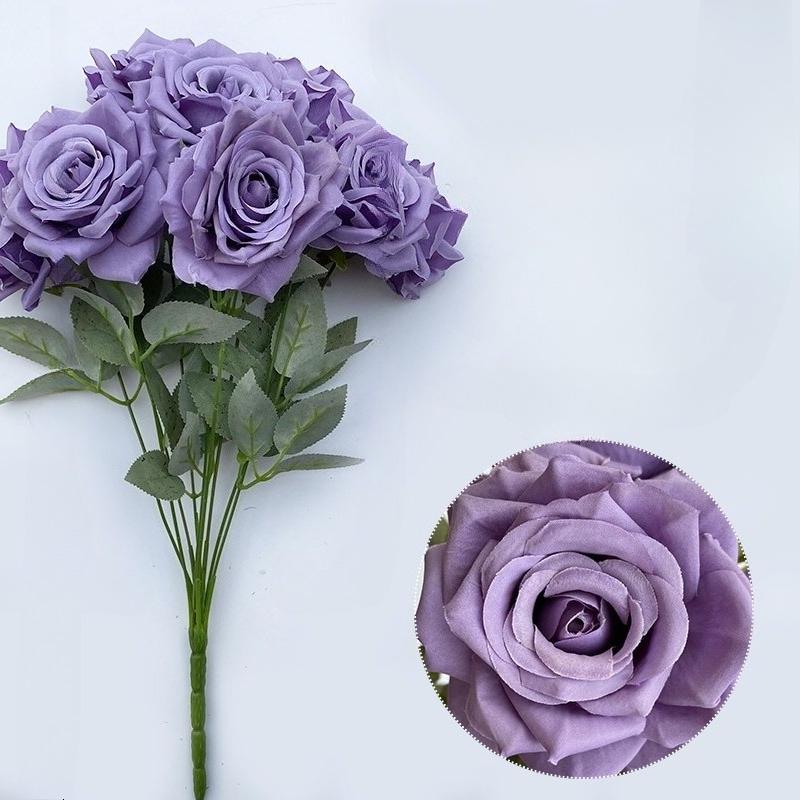 Purple artificial roses with stems for wedding centerpiece bridal bouquet home decor