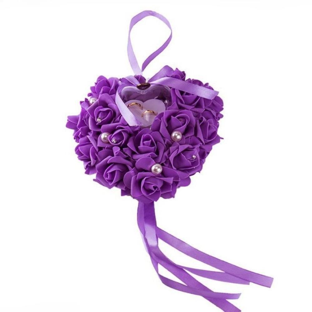 Purple wedding ring pillow lace crystal rose love heart ring box ceremony gift