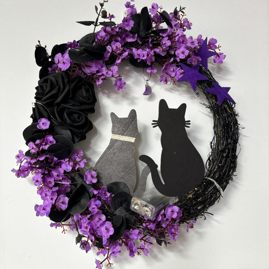 Purple Halloween black cat moon wreath with rose flowers front door wall decor