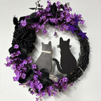 Purple Halloween black cat moon wreath with rose flowers front door wall decor