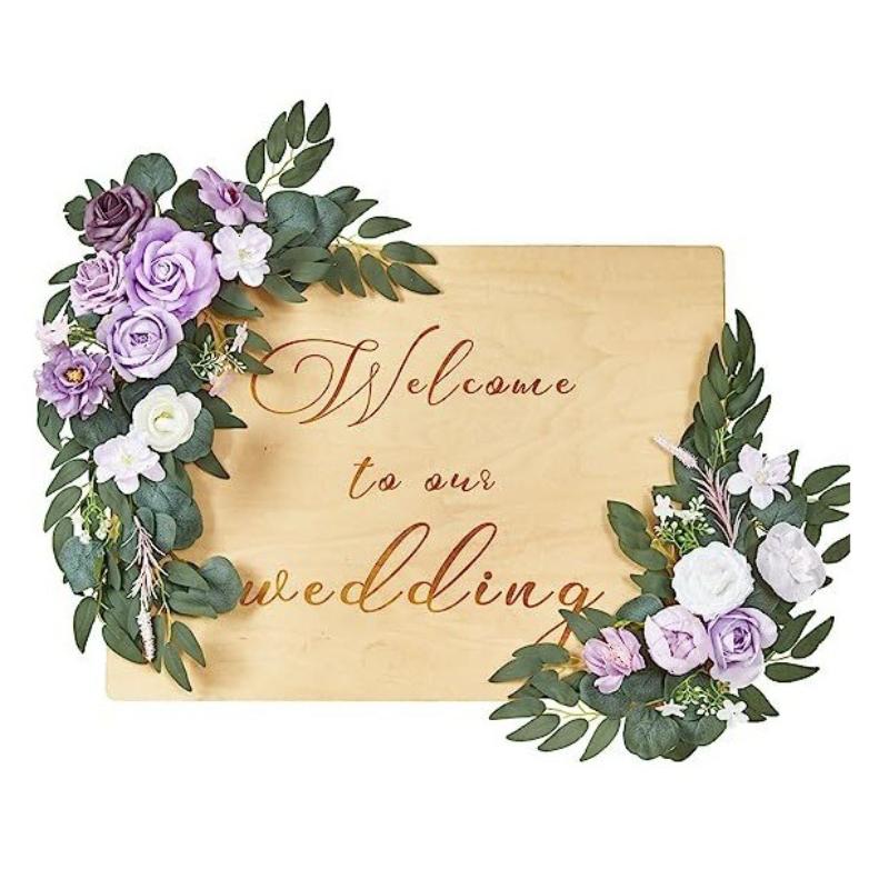 Purple artificial flowers wedding welcome sign arch ceremony backdrop decor
