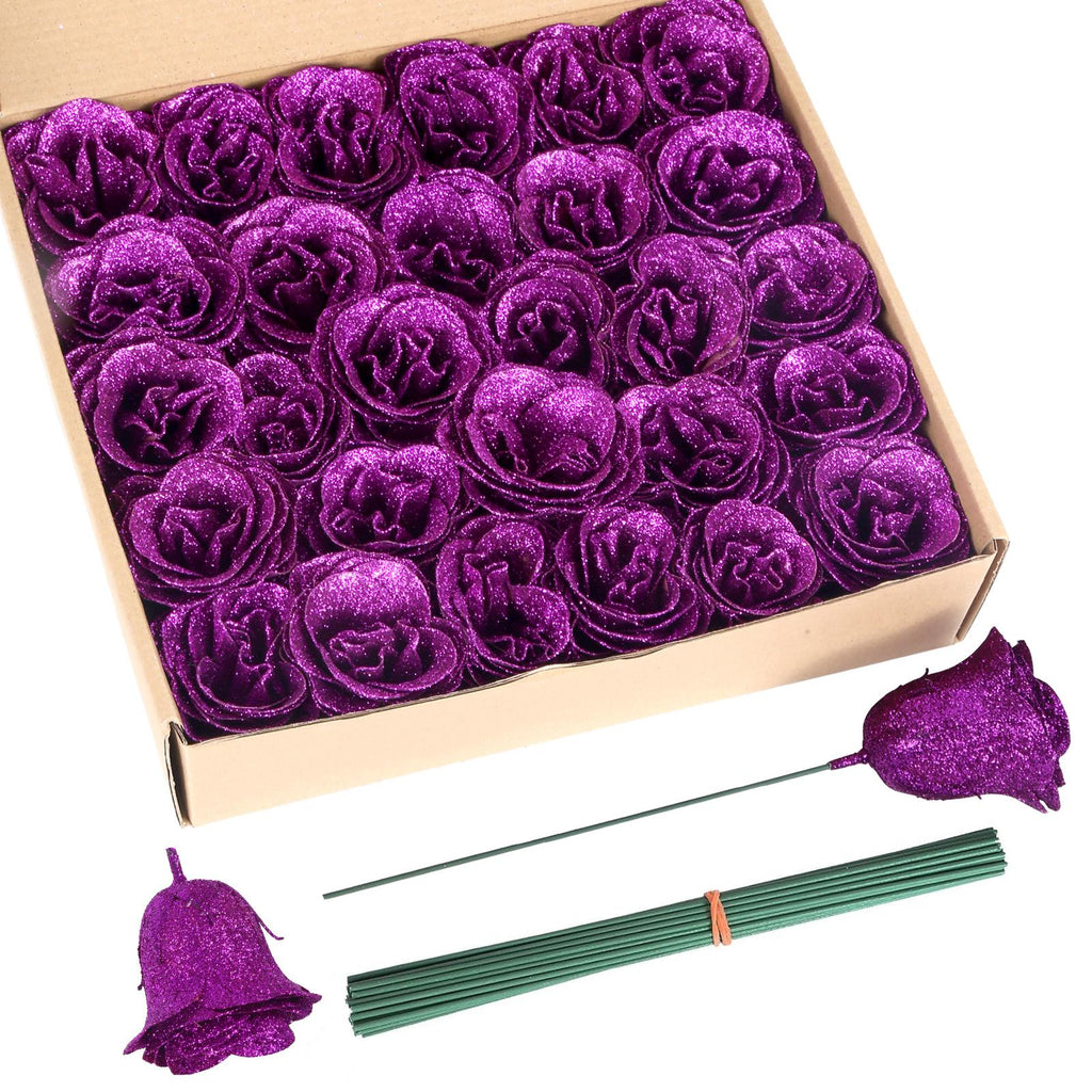 Purple glitter roses bouquet 30pcs with stems for wedding party Christmas home decor