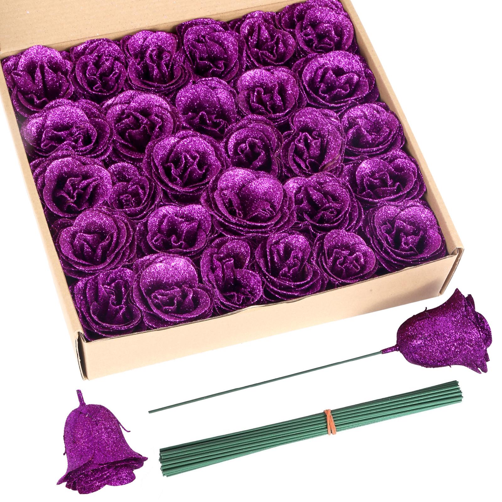 Purple glitter roses bouquet 30pcs with stems for wedding party Christmas home decor