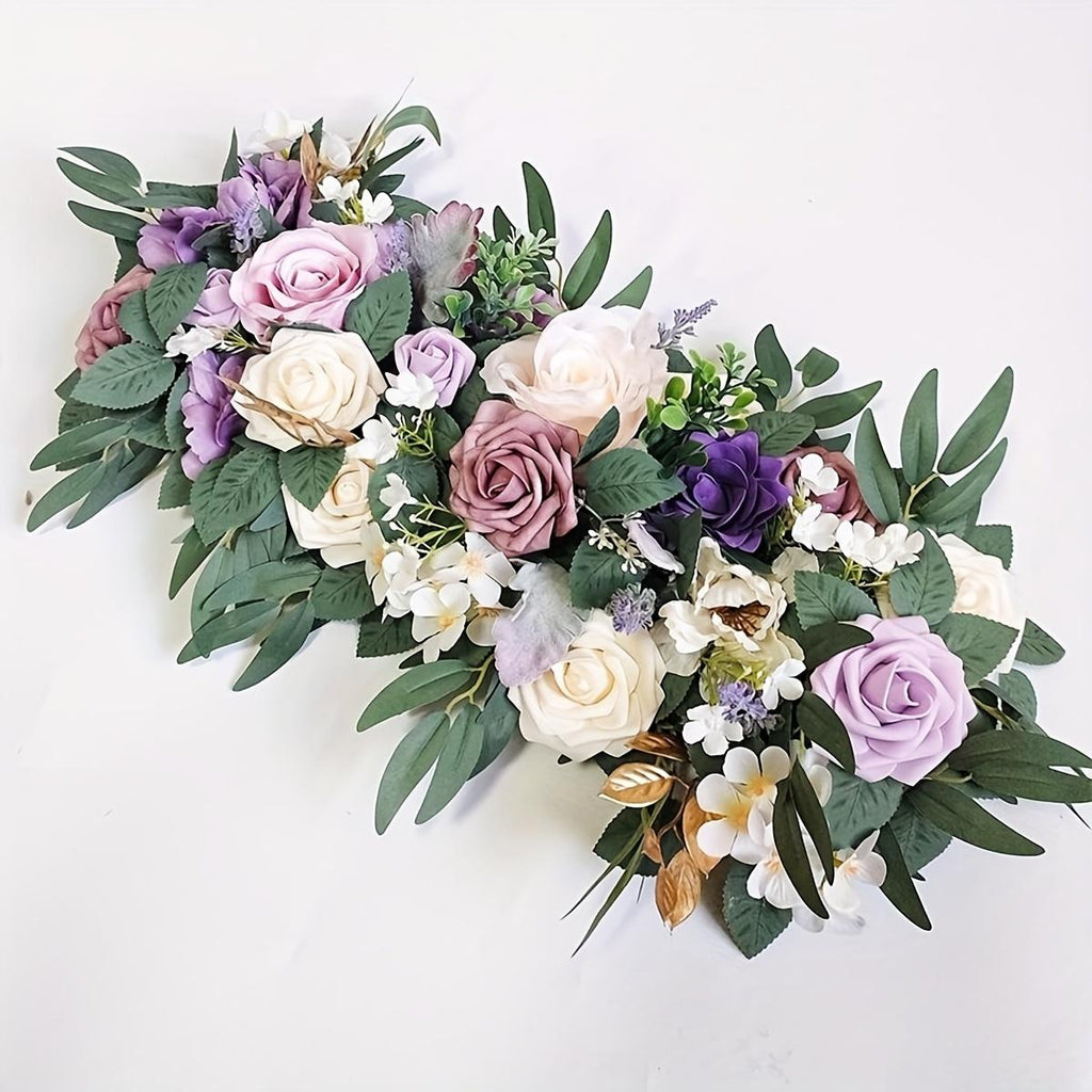 Purple artificial flower table runner centerpiece wedding arch decor