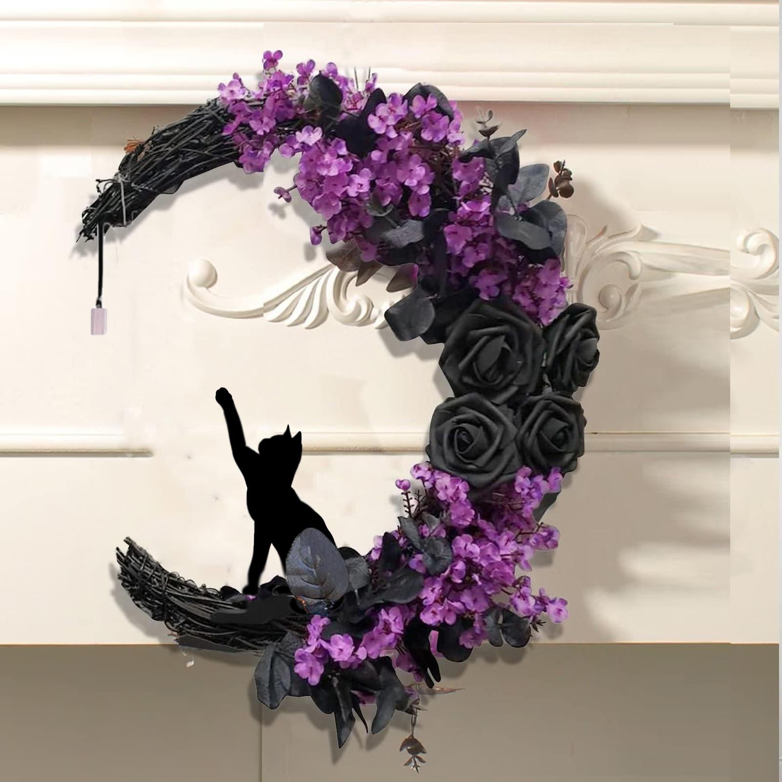 Purple Halloween bat black branch wreath glowing garland front door wall decor