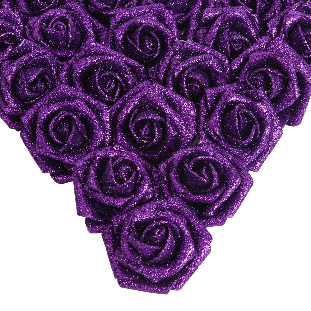 Purple glitter artificial roses 25pcs with stem for wedding bridal bouquet party decor