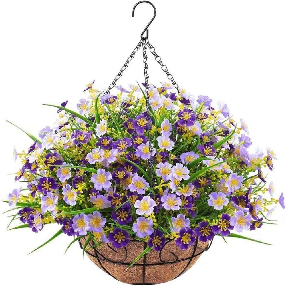 Purple artificial silk daisy eucalyptus spring hanging basket metal coconut pot for porch garden decor