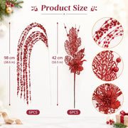 Red Glitter Christmas Berry Picks & Poinsettia Stem Set of 12
