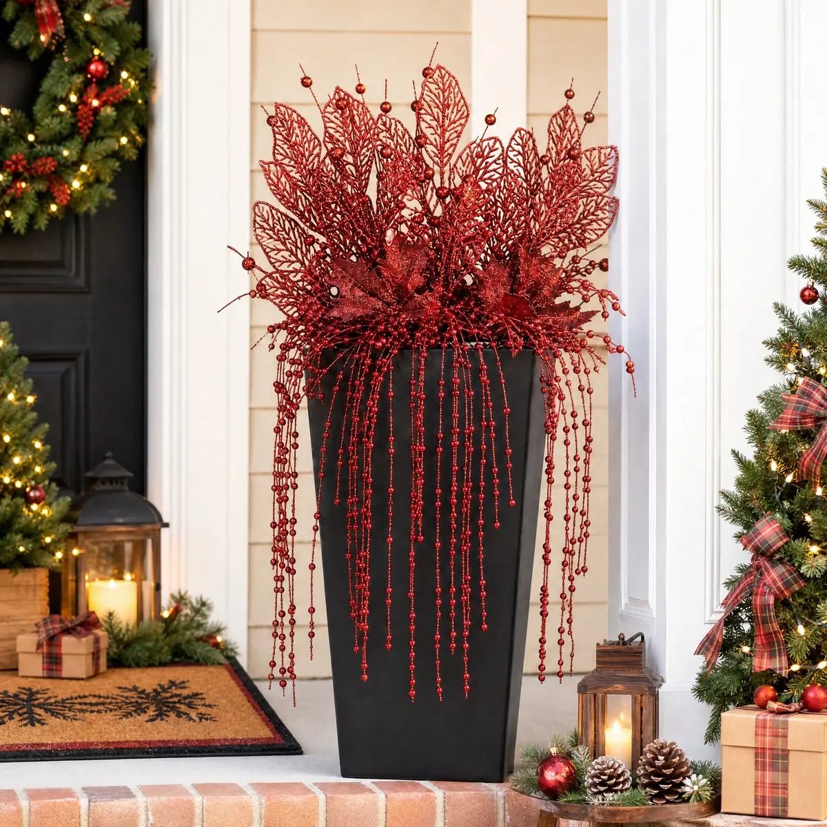 Red Glitter Christmas Berry Picks & Poinsettia Stem Set of 12