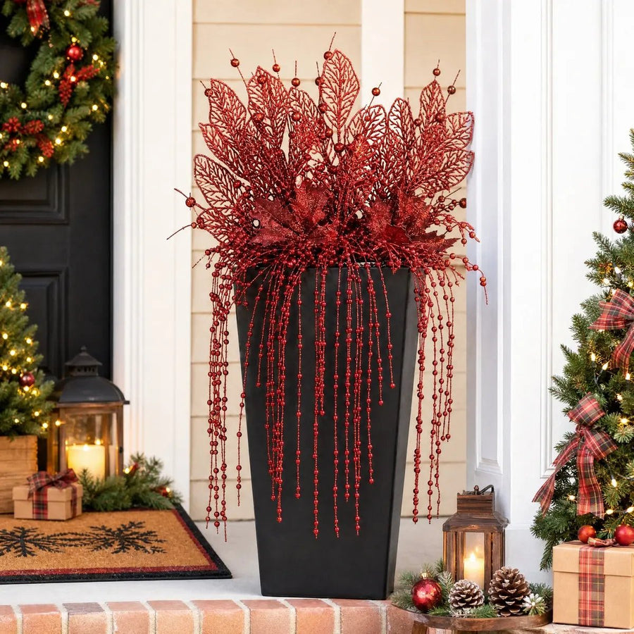 Red Glitter Christmas Berry Picks & Poinsettia Stem Set of 12