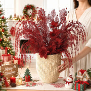 Red Glitter Christmas Berry Picks & Poinsettia Stem Set of 12